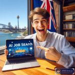 دانشجو با لپ‌تاپ در سیدنی، در حال نشان دادن متن AI Job Search Australia برای پیدا کردن کار دانشجویی در استرالیا
