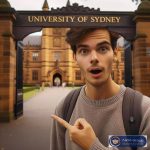 دانشجو مقابل ورودی دانشگاه سیدنی با حالت افشاگری و اشاره به تابلوی بزرگ University of Sydney