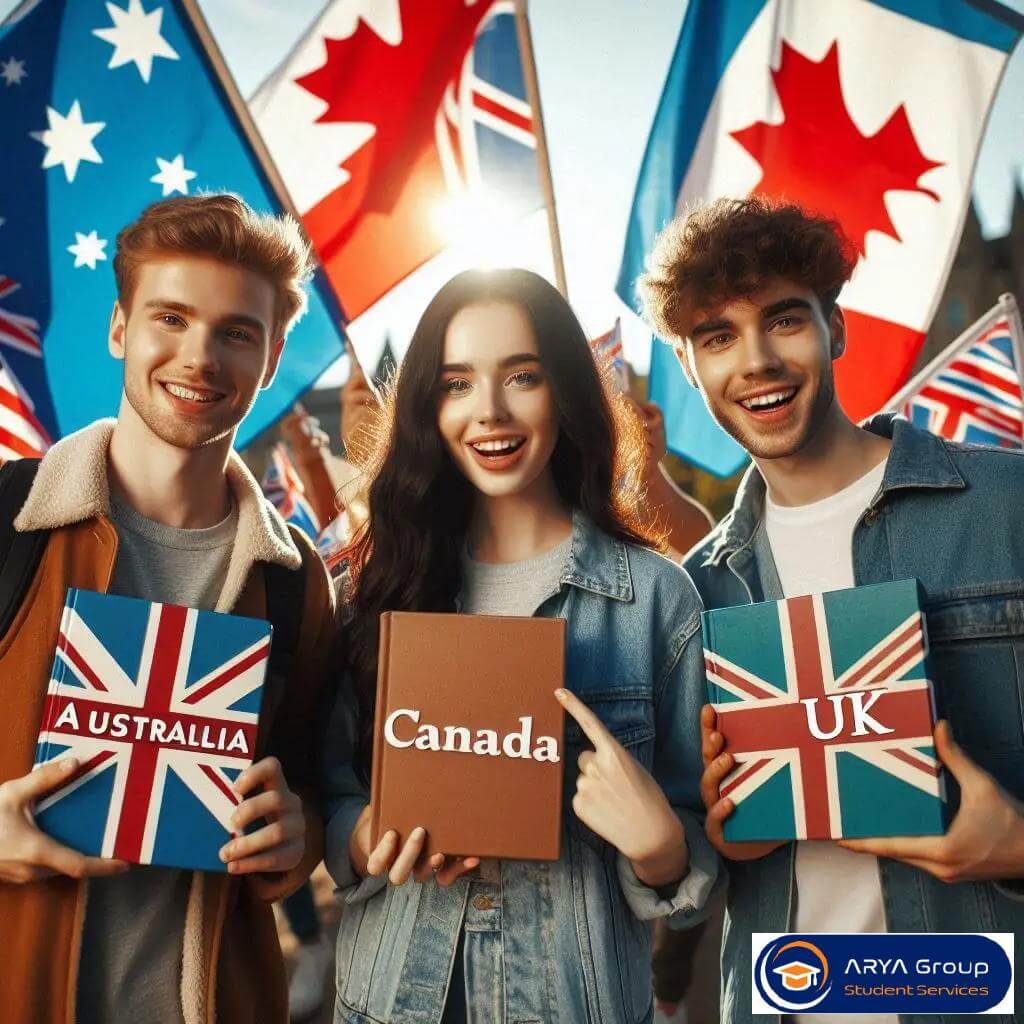 سه دانشجو با کتاب‌های Australia، Canada و UK در دست و پرچم‌های استرالیا، کانادا و انگلستان پشت سرشان در حال مقایسه هزینه تحصیل در استرالیا با کانادا و انگلستان