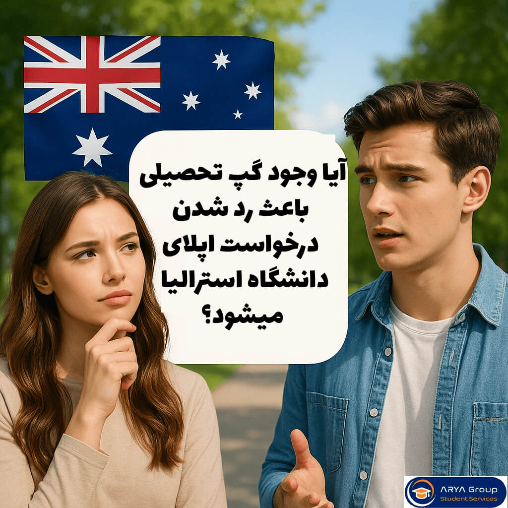 تصویر دو دانشجو با پرچم استرالیا در پس_زمینه که درباره گپ تحصیلی و تاثیر Education Gap بر ویزای تحصیلی استرالیا صحبت می_کنند.